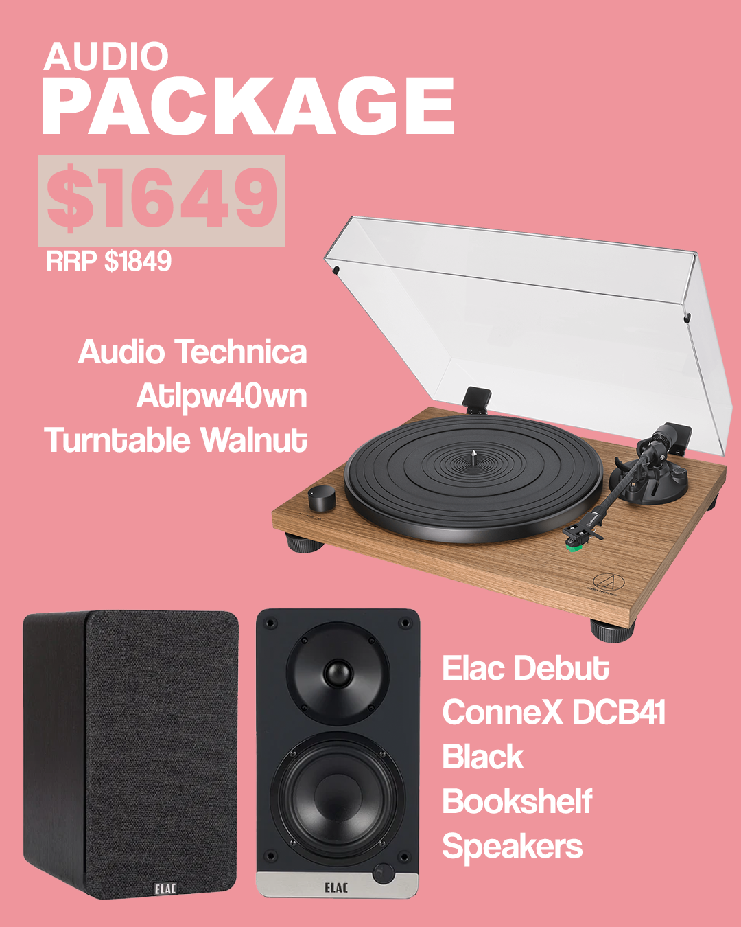 Audio Technica Atlpw40wn Turntable Walnut / Elac Debut Connex Dcb41 Black Package Deal